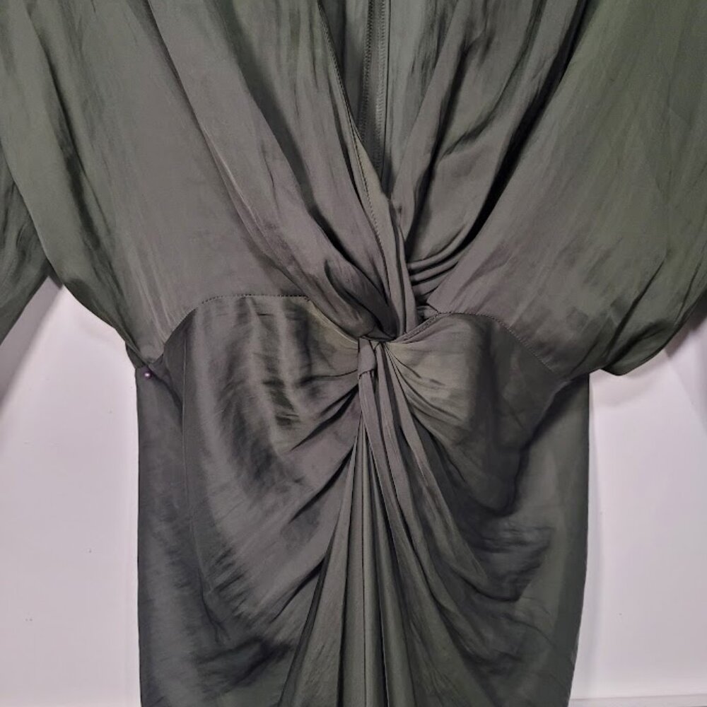 NWT Zadig & Voltaire Gathered Long Sleeve Satin Dress - Khaki L - Picture 5 of 13